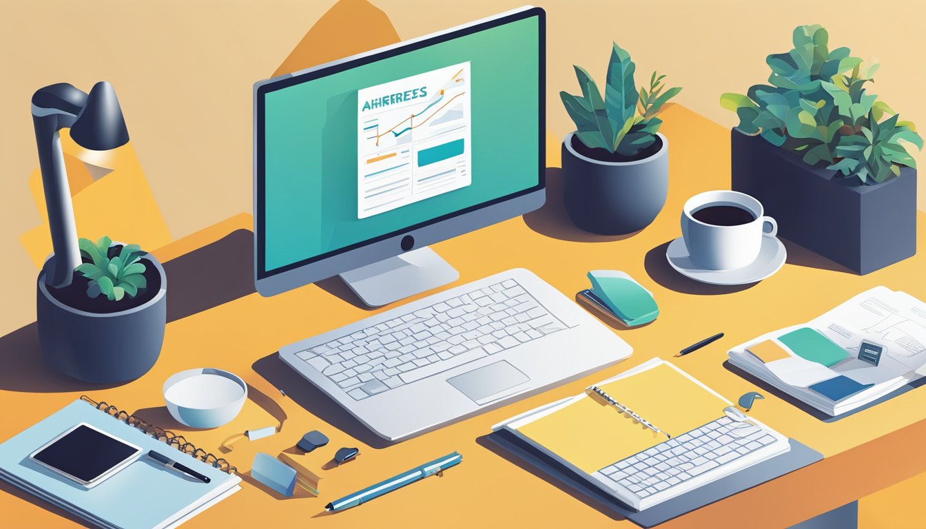 A desk with a computer, notebook, and pen.</p><p>A cup of coffee sits nearby.</p><p>On the computer screen, a webpage titled "Ahrefs 10 Must-Have Keyword Research Tools for Business Bloggers" is open