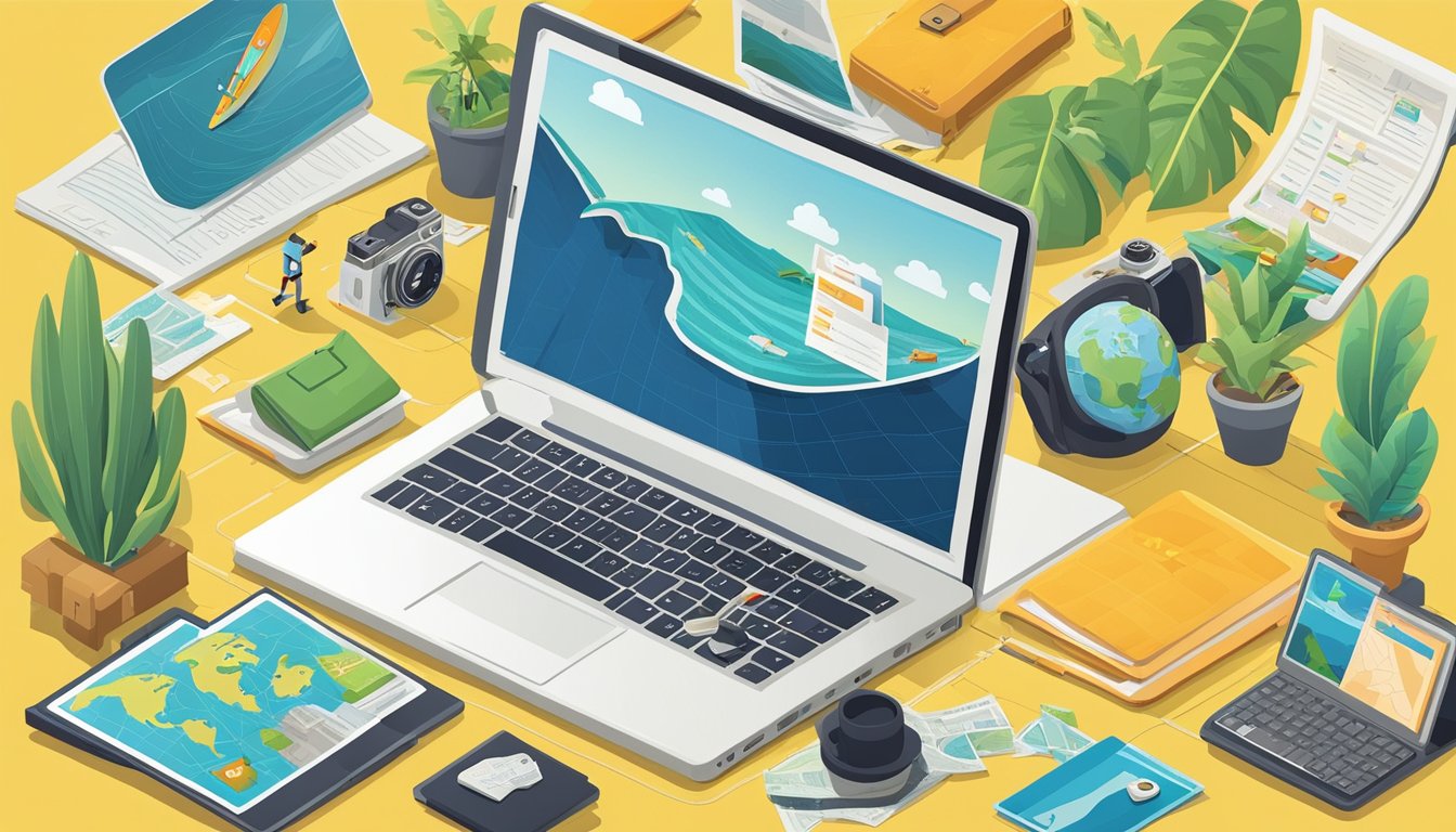 A laptop with SurferSEO website open, surrounded by travel-related objects like a map, camera, and passport