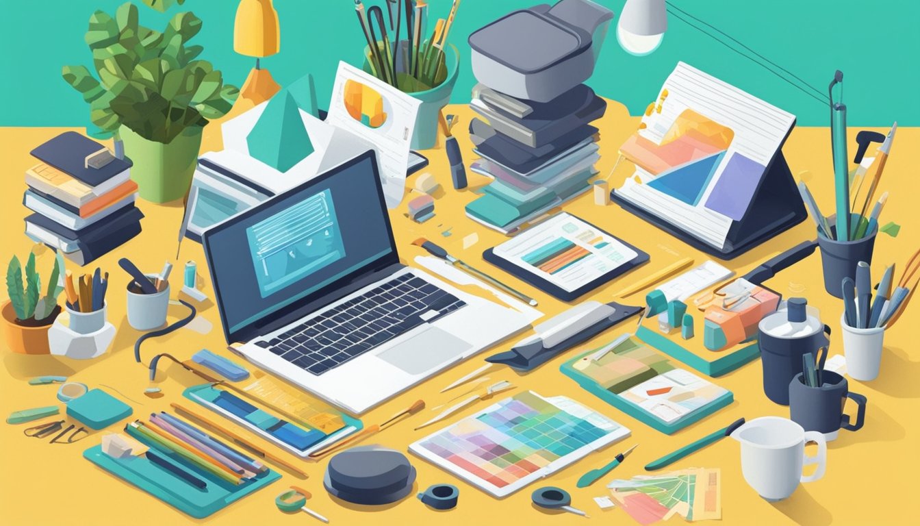 Brightly lit craft table with various tools and materials.</p><p>Laptop open to "10 Tips to Optimize Images for SEO on Craft Blogs" article.</p><p>Multiple images being edited and optimized for search engines