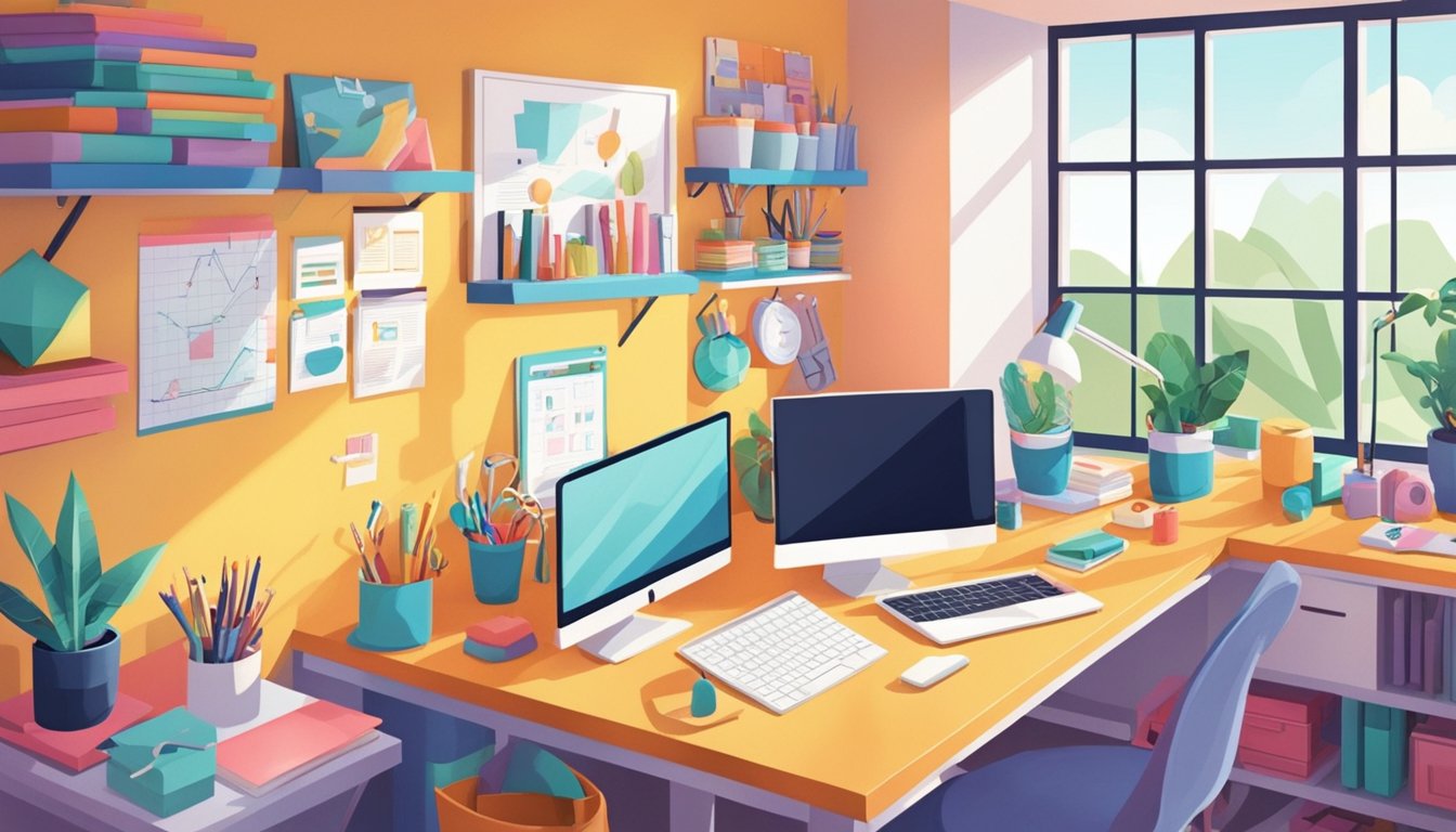 A bright and inviting craft room with a neatly organized workspace, colorful materials, and natural light streaming in through the window.</p><p>A laptop displaying "10 Tips to Optimize Images for SEO on Craft Blogs" is placed on the desk