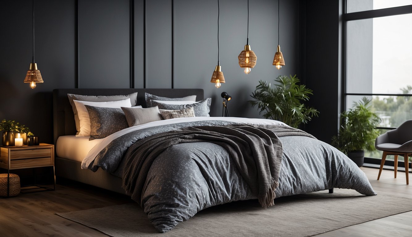 A cozy bedroom with a neatly made bed adorned with a stylish duvet cover set in a modern design, featuring high-quality fabric and intricate patterns