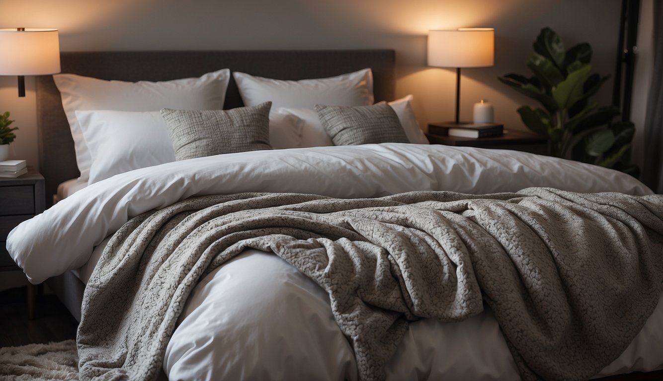 A cozy bedroom with a neatly made bed featuring a stylish duvet cover set, with matching pillow shams and a decorative throw pillow