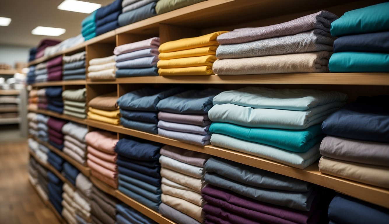 A hand reaches out to choose from various duvet cover sets displayed on a shelf. The covers are neatly folded and arranged in a colorful array