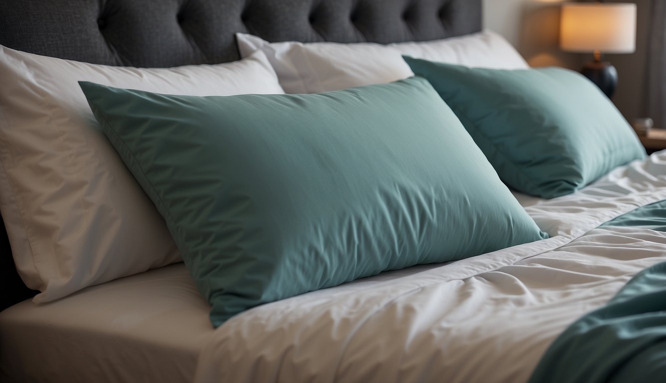 A neatly made bed with a duvet cover pulled taut and smooth, with matching pillow shams neatly arranged. A decorative throw pillow adds a pop of color