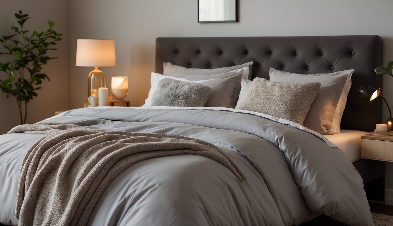 A cozy bed with a plush duvet cover set, featuring a stylish design and high-quality fabric. The room is well-lit with natural light, creating a warm and inviting atmosphere