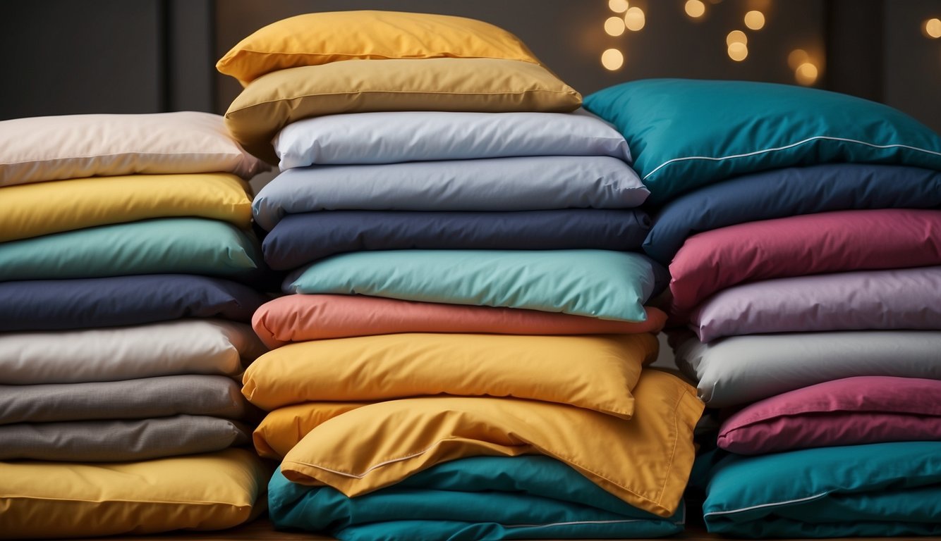 A stack of colorful duvet cover sets arranged neatly with a sign reading "Frequently Asked Questions Best Duvet Cover Sets: Which Ones to Buy?" displayed prominently