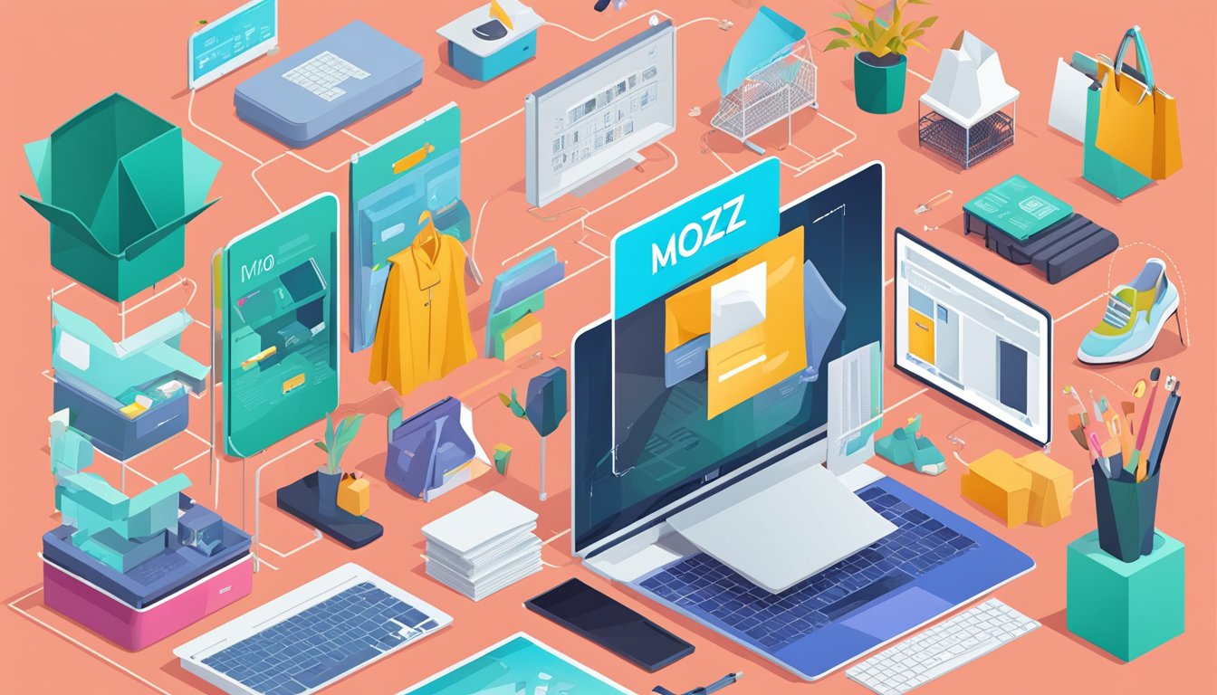 A laptop with Moz Pro website open, surrounded by fashion items and e-commerce tools