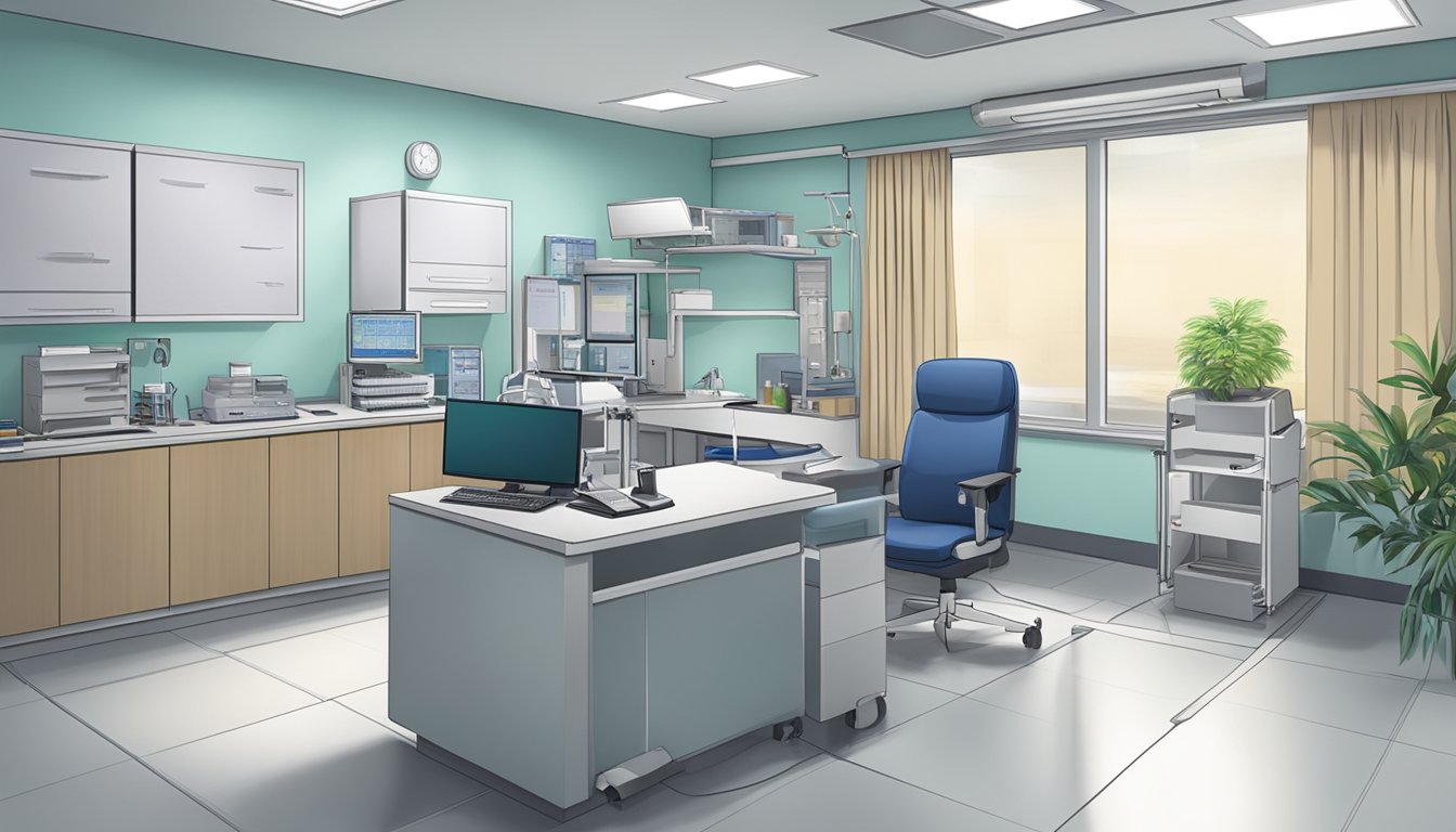 A cardiologist's office with medical equipment and a desk at Changi General Hospital