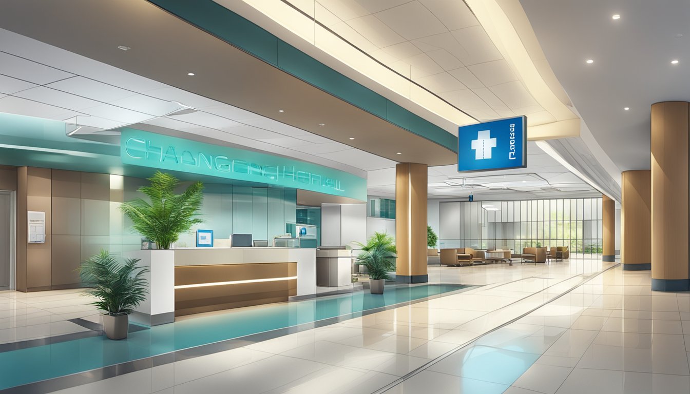 A modern hospital lobby with a prominent sign for "Changi General Hospital" and a sleek, professional atmosphere