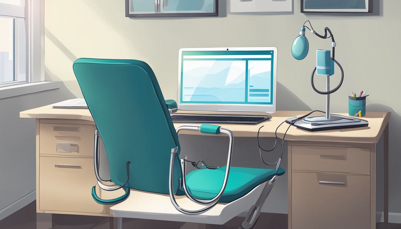 A stethoscope resting on a desk next to a computer, with a medical coat hanging on the back of the chair