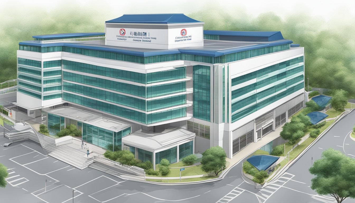 A hospital building with a prominent sign reading "Changi General Hospital" and a clear display of operating hours and contact information for Dr. Tong Khim Leng, a cardiologist