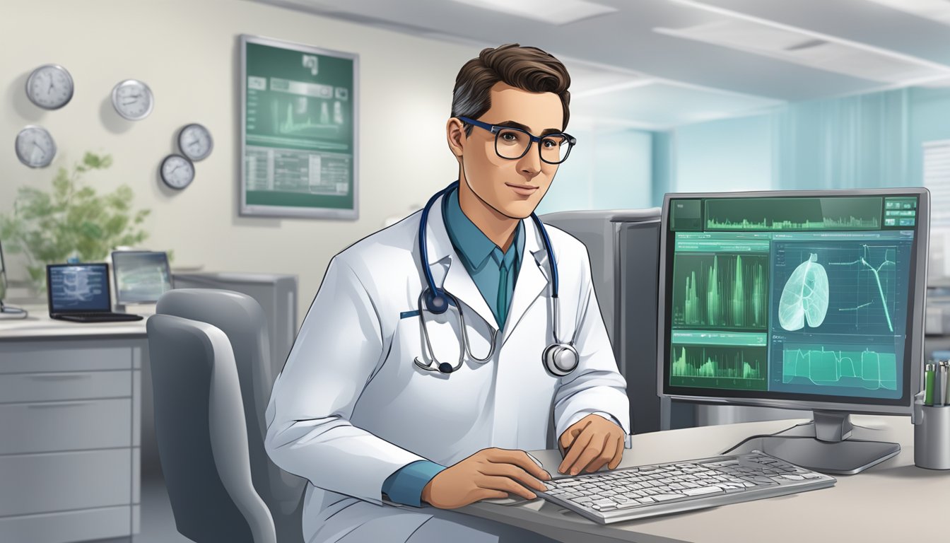 A doctor in a hospital setting, with medical equipment and a computer, representing cardiology services