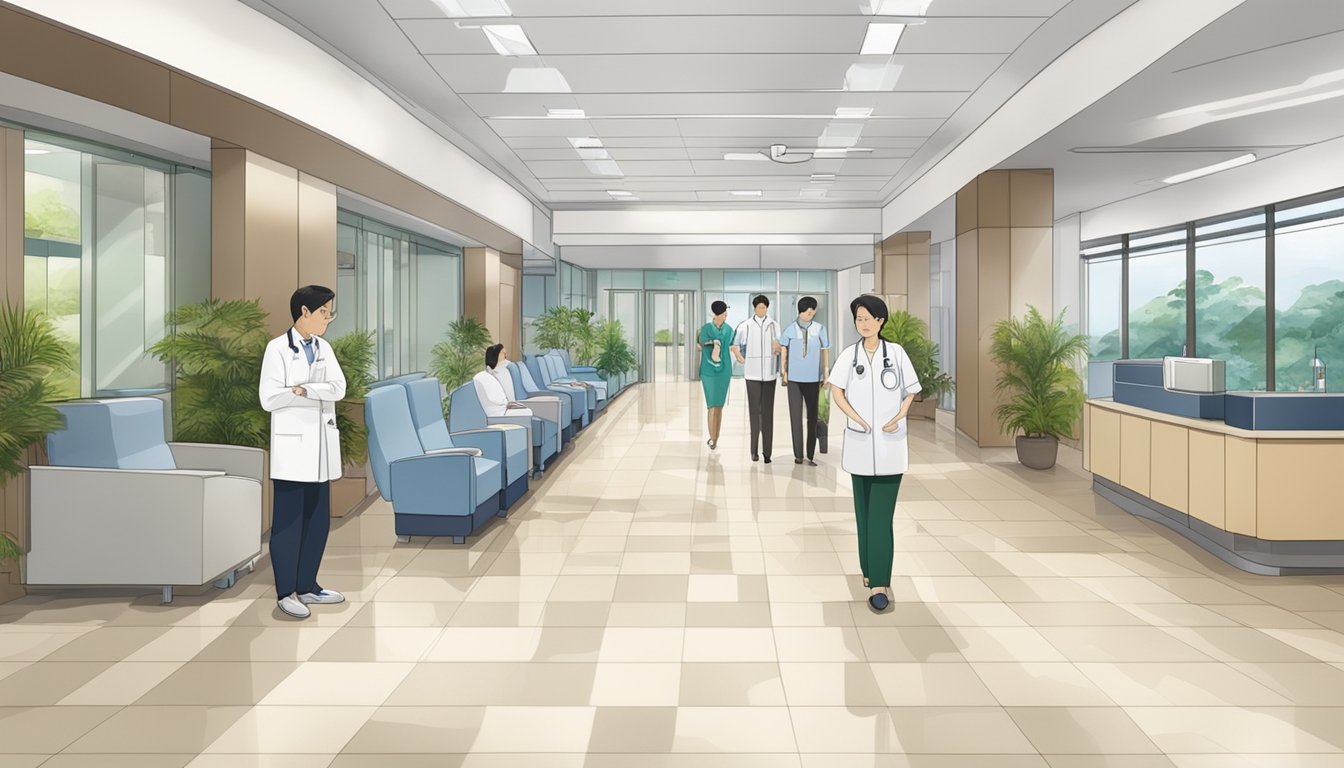 The bustling lobby of Changi General Hospital, with a prominent sign for Cardiology, showcases a modern and welcoming environment for patients seeking the expertise of Dr. Yeo Colin