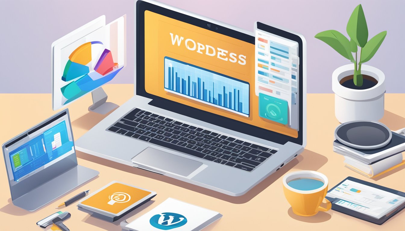 A laptop displaying a WordPress dashboard with keyword research tools open.</p><p>A notebook with on-page SEO tips sits next to it.</p><p>A health coach logo is visible in the background