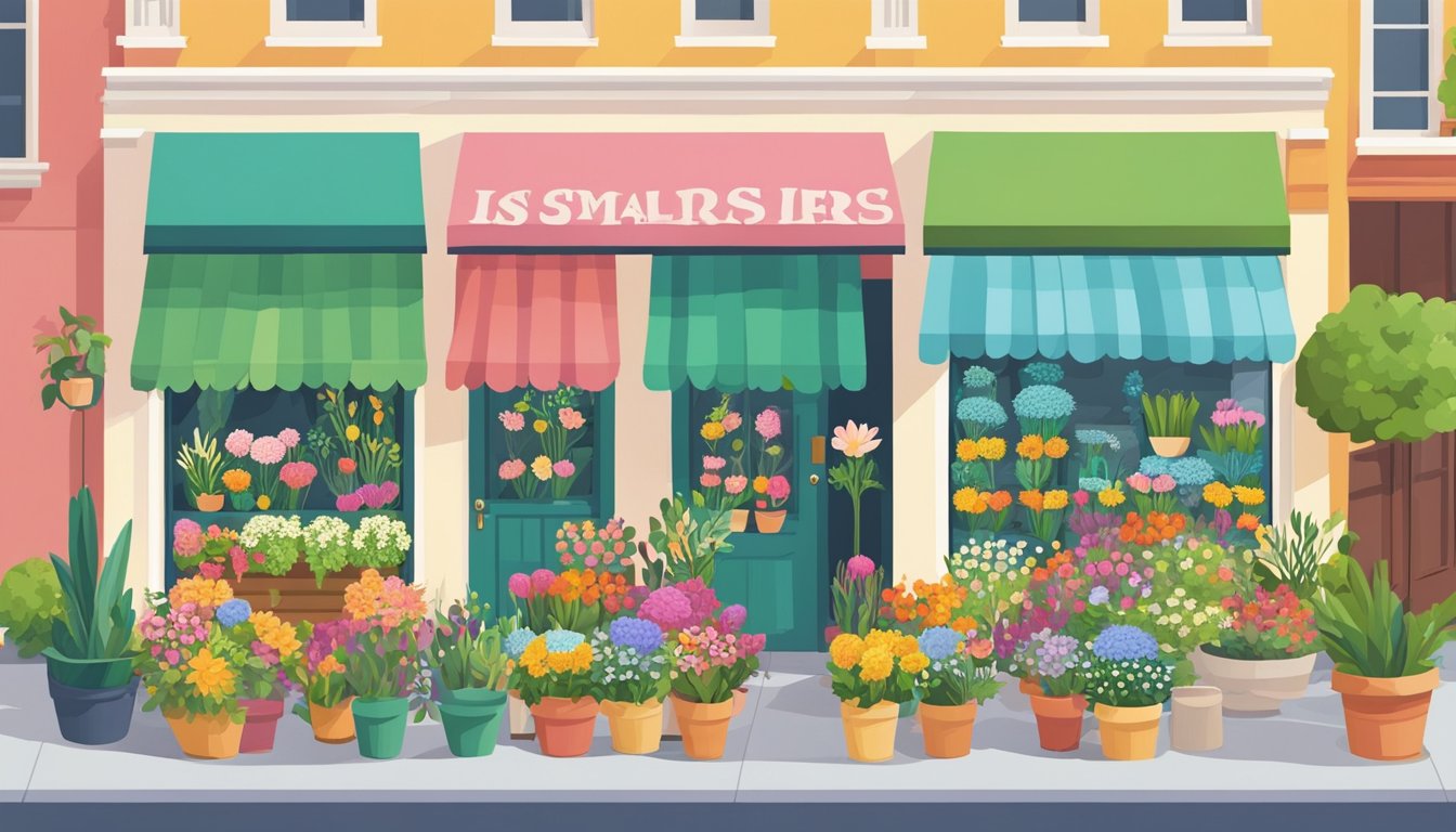 A busy local florist shop with colorful flower arrangements, a welcoming storefront, and a visible online presence with SEO strategies in action