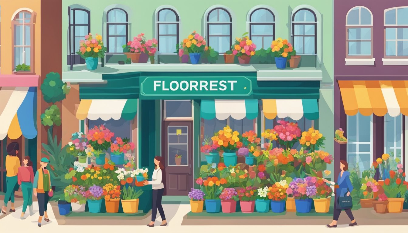 A florist shop with colorful flower arrangements, a prominent "Google Business Profile" sign, and a busy storefront with customers coming in and out