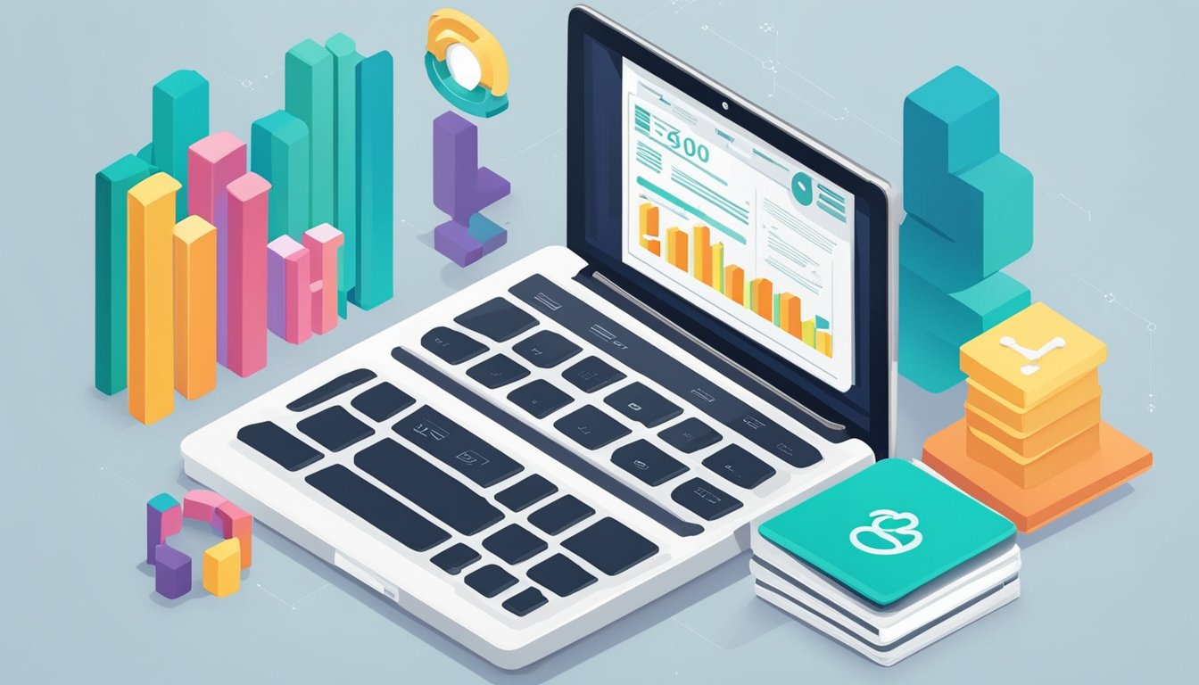 A laptop displaying "SEOReseller 9 Affordable Link Building Services for Online Tutors" with a stylized graph showing growth in online presence