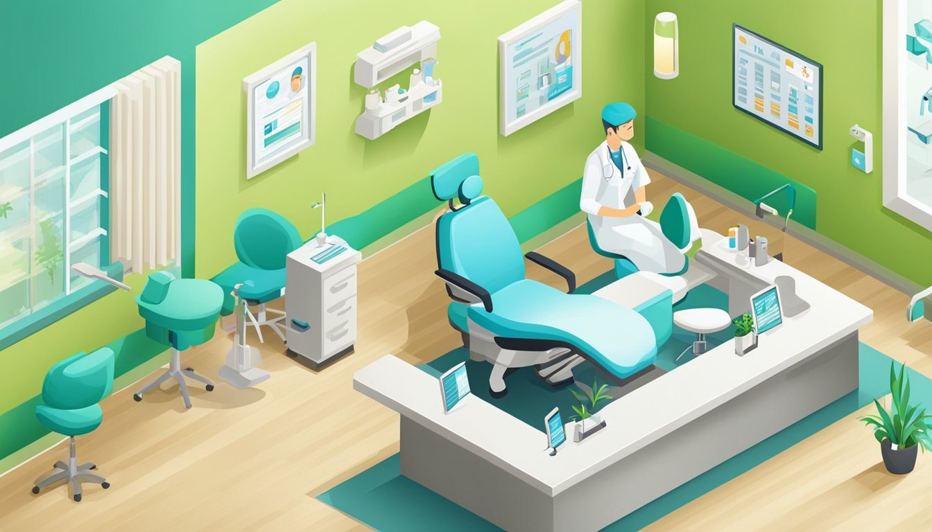 A dental office with a prominent sign, busy waiting room, friendly staff, and patients receiving treatment in modern, clean exam rooms