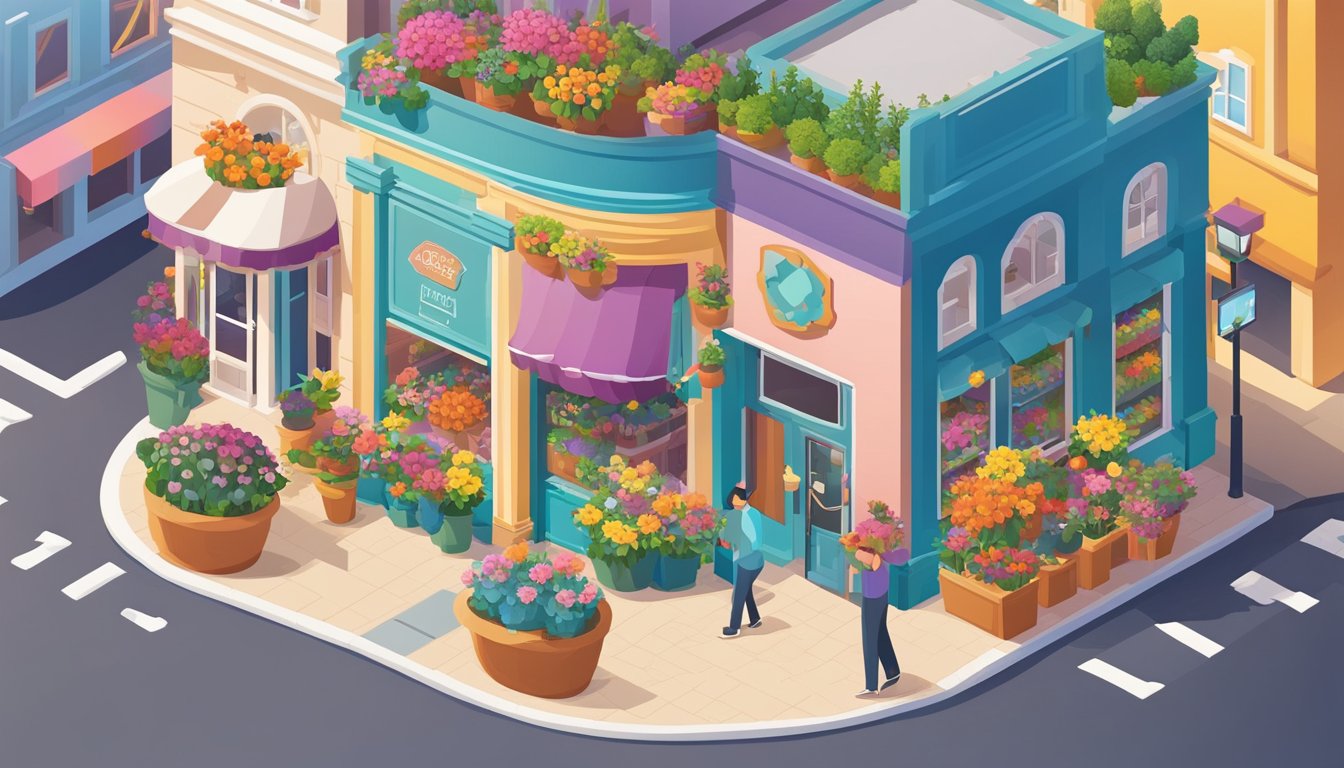 A local florist shop with a vibrant storefront, surrounded by colorful flower displays.</p><p>A map of the area with targeted keywords and SEO strategies visible on a computer screen inside the shop