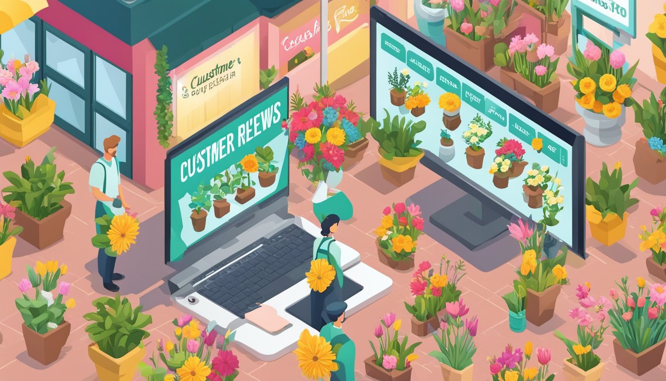 A florist shop with a prominent sign displaying "Customer Reviews" and surrounded by vibrant flowers.</p><p>A computer or tablet is visible, showcasing SEO strategies