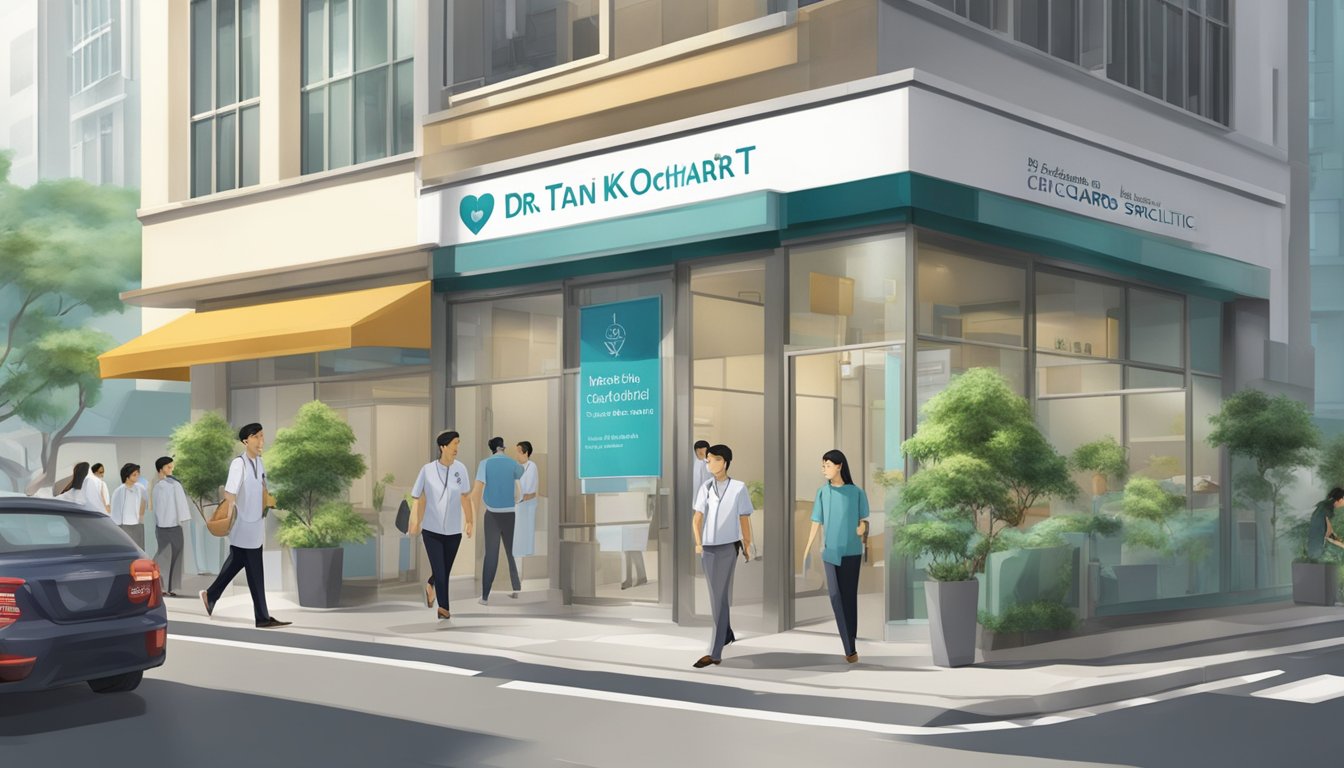 A modern clinic with a sign "Dr Tan Kok Soon - Orchard Heart Specialist Clinic | SG Cardiologist" in a bustling city street