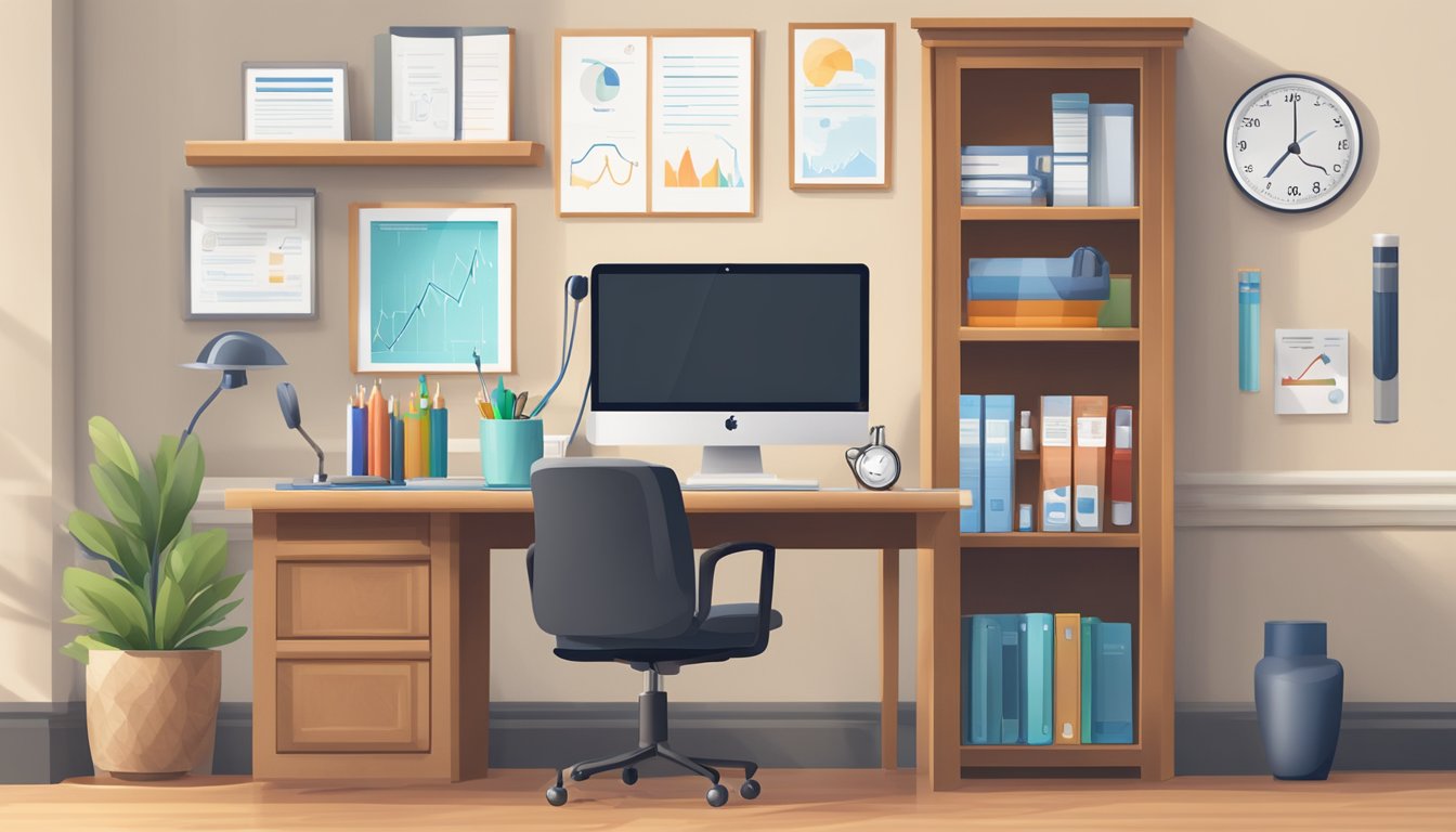 A stethoscope rests on a polished wooden desk, next to a sleek computer monitor displaying a heart rhythm. A diploma hangs on the wall behind, framed by shelves of medical books