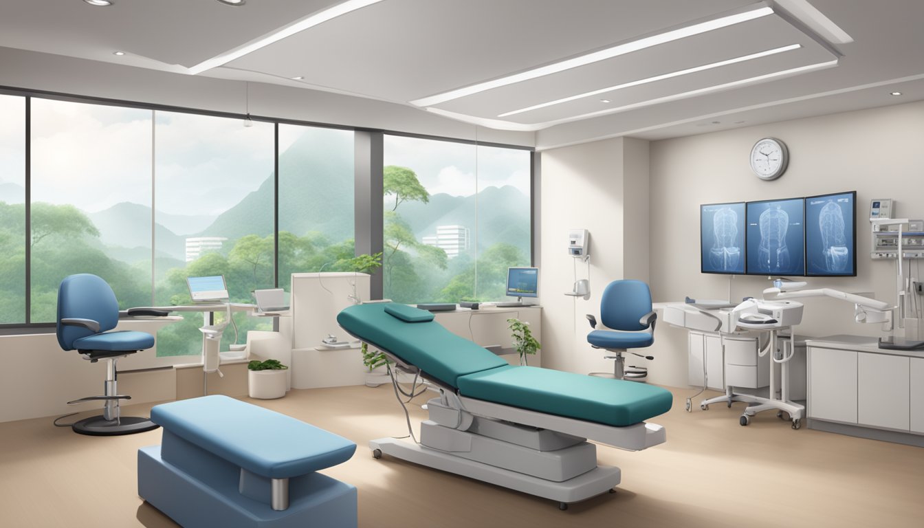 A modern, sleek clinic interior with medical equipment and comfortable seating. A sign prominently displays "Dr Tan Kok Soon - Orchard Heart Specialist Clinic | SG Cardiologist."