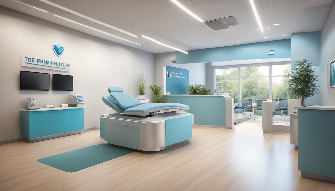 A modern, welcoming clinic with state-of-the-art equipment and a calming atmosphere. The logo prominently features a heart, emphasizing the focus on cardiology