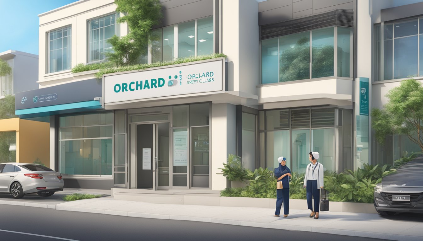 A modern clinic exterior with a prominent sign displaying "Orchard Heart Specialist Clinic" and "Operating Hours" next to the contact information for Dr. Tan Kok Soon