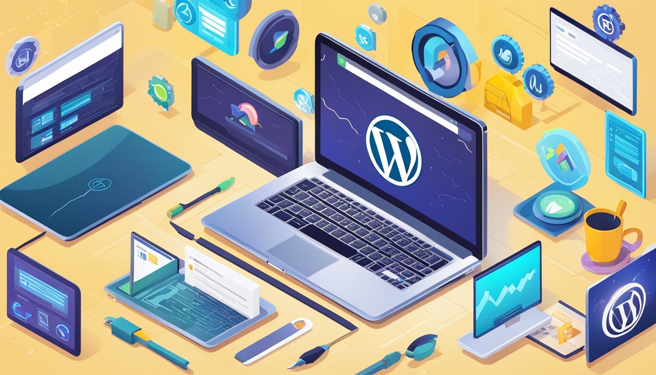 A laptop with a WordPress affiliate site loading lightning-fast, surrounded by SEO optimization tools and speed indicators