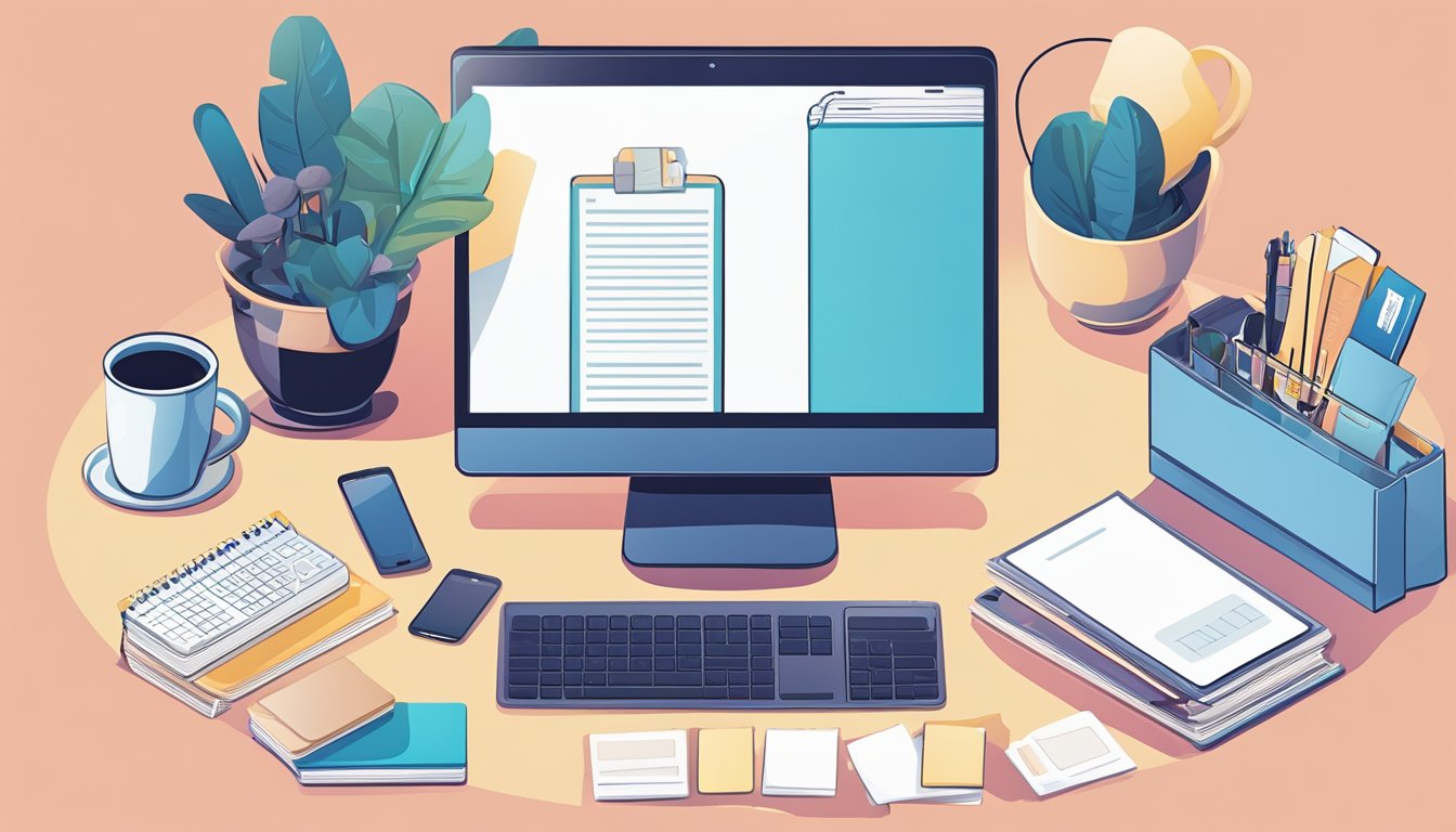 A wedding planner's desk with a computer, phone, and planner.</p><p>A stack of business cards and a cup of coffee sit nearby.</p><p>A calendar with dates circled hangs on the wall