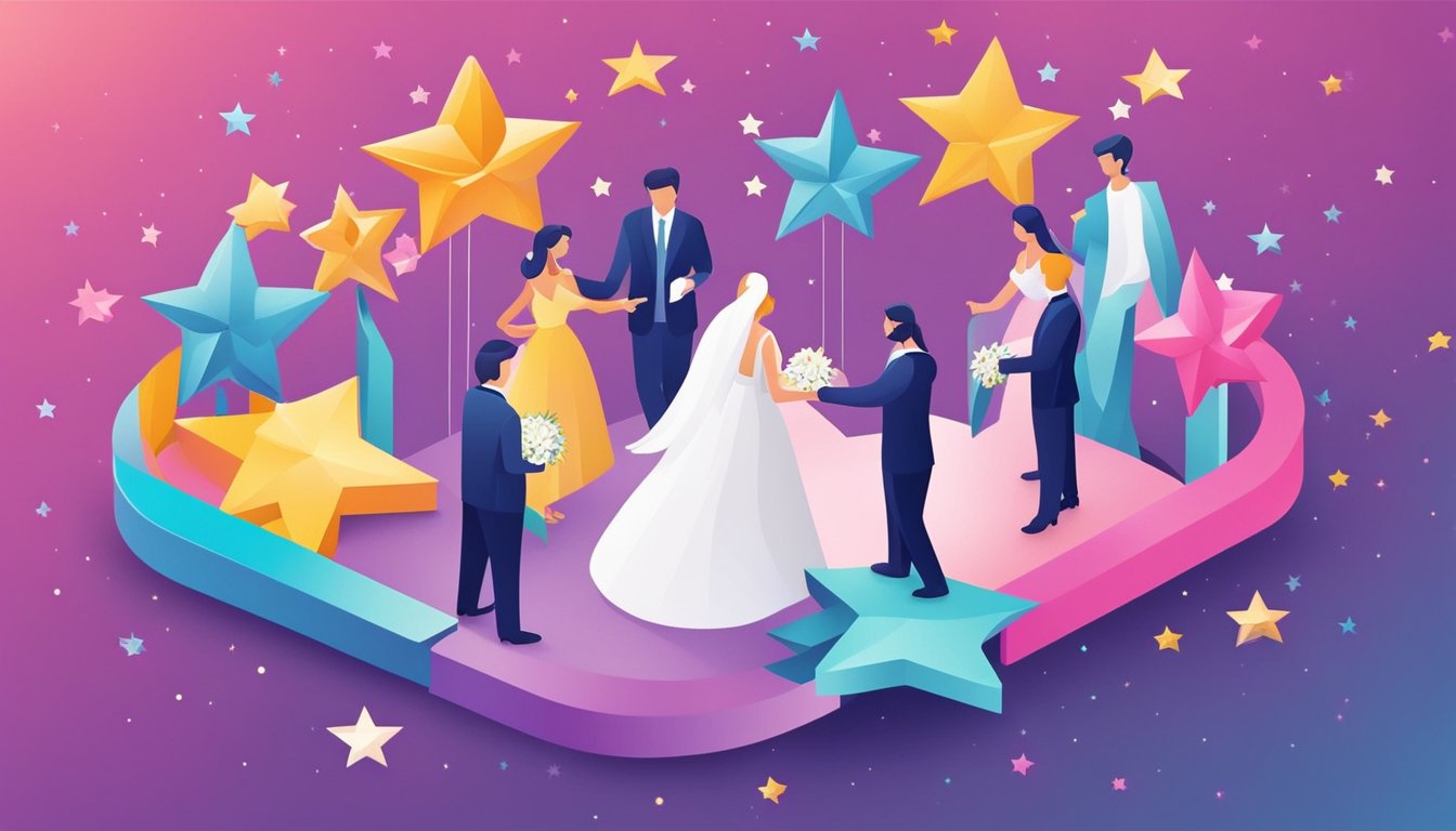 A wedding planner's logo surrounded by 7 shining stars, each representing a different affordable link building service offered by Stellar SEO