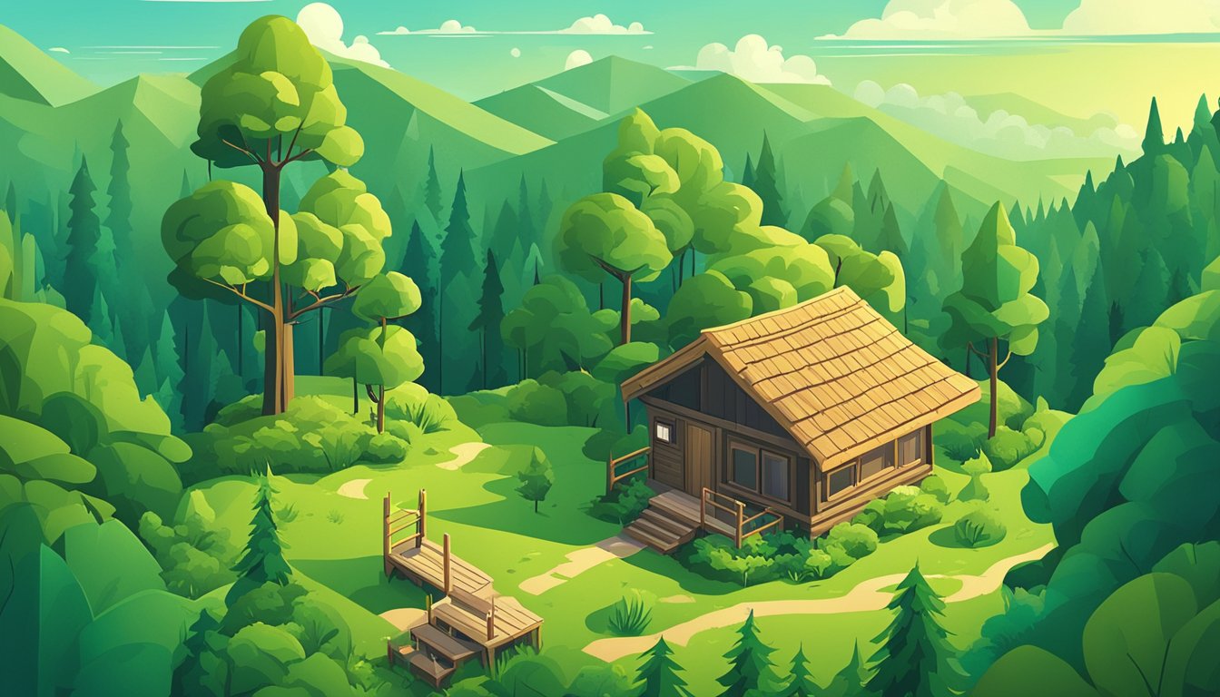 A cozy hut nestled in a forest clearing, surrounded by lush greenery.</p><p>A sign reads "Backlink Hut 7 Affordable Link Building Services for Independent Filmmakers."