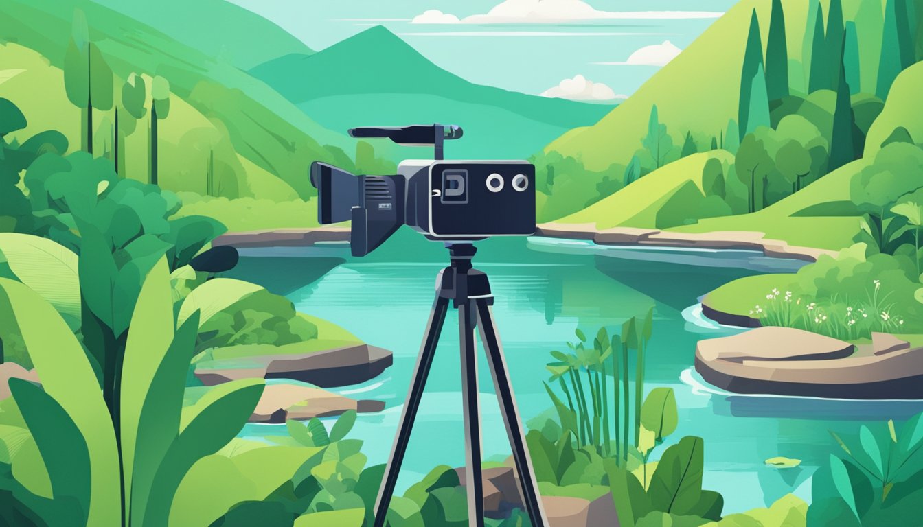 A filmmaker's camera sits on a tripod, capturing a serene landscape with a winding river and lush greenery.</p><p>A small sign reads "SerpHaus 7 Affordable Link Building Services for Independent Filmmakers"