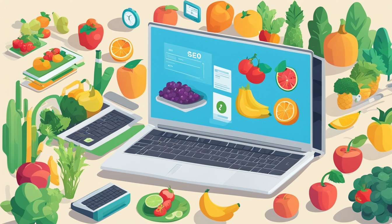 A laptop surrounded by health-related items like fruits, vegetables, and exercise equipment, with a search engine results page showing top SEO techniques