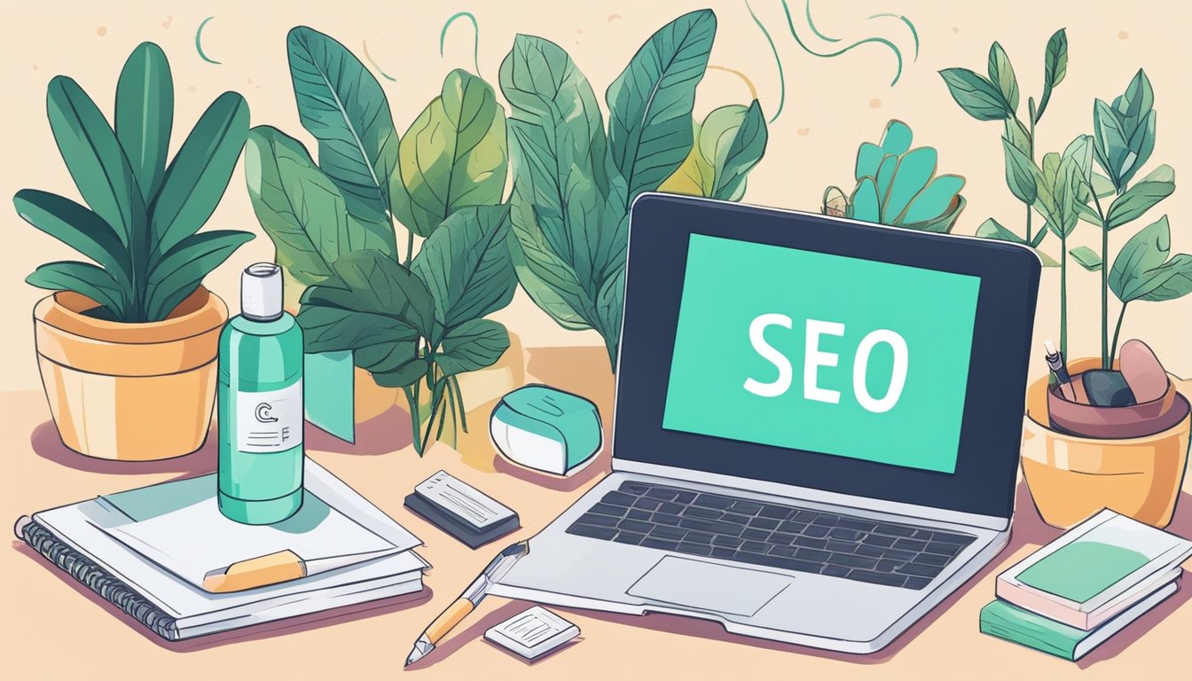 A laptop with beauty products, a notepad, and a pen on a desk, surrounded by plants and natural light.</p><p>A search engine results page displaying "6 Essential SEO Tips for Beginner Beauty Blogs" is on the screen