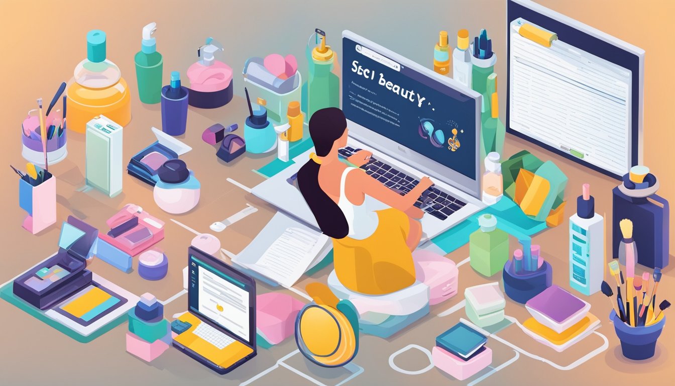 A beauty blogger types "6 Essential SEO Tips" on a laptop surrounded by beauty products and a notebook.</p><p>The laptop screen displays a keyword research tool