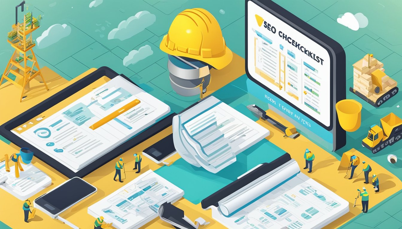 A construction website's SEO checklist displayed with 12 steps, tools, and keywords