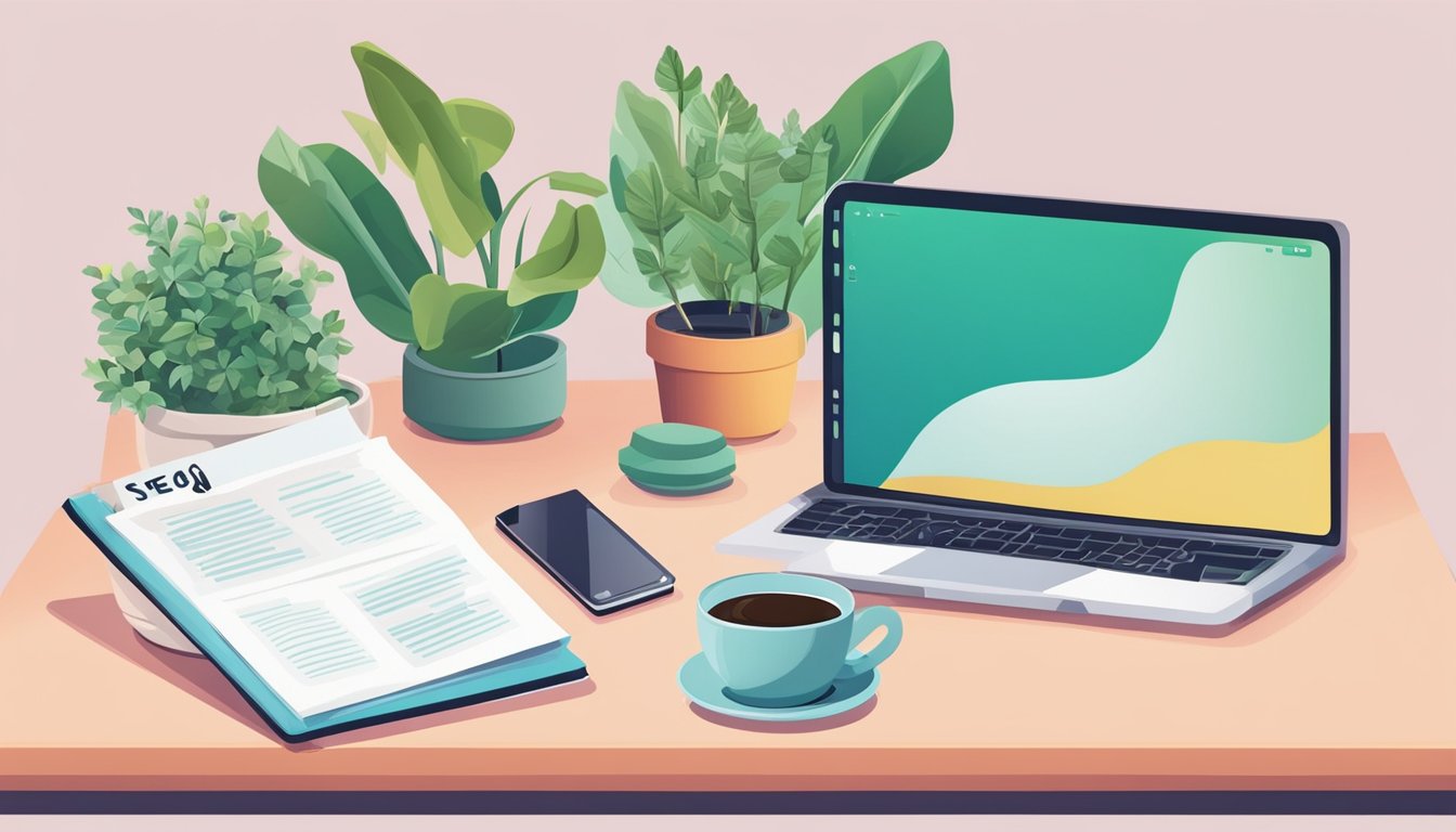 A laptop displaying a beginner beauty blog with SEO tips.</p><p>A stack of books on SEO and a notepad with handwritten notes.</p><p>A cup of coffee and a potted plant on the desk