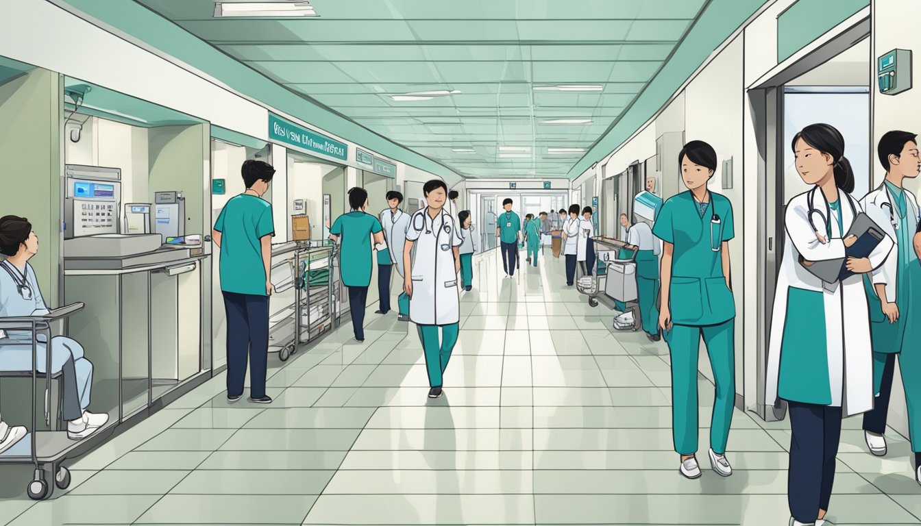 A busy hospital hallway with medical equipment and staff bustling about. The signage reads "Dr Huang Weiliang - Changi General Hospital | SG Cardiologist."