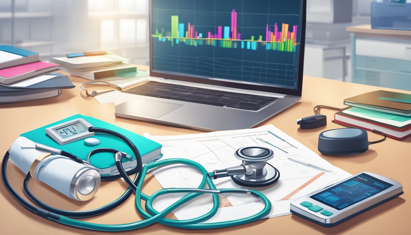 A stethoscope and a heart rate monitor sit on a cluttered desk in a hospital office, with medical textbooks and charts scattered around