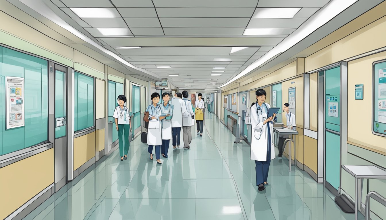 A bustling hospital hallway with signage for "Dr Oh Ying Zi - Cardiologist" at Changi General Hospital in Singapore