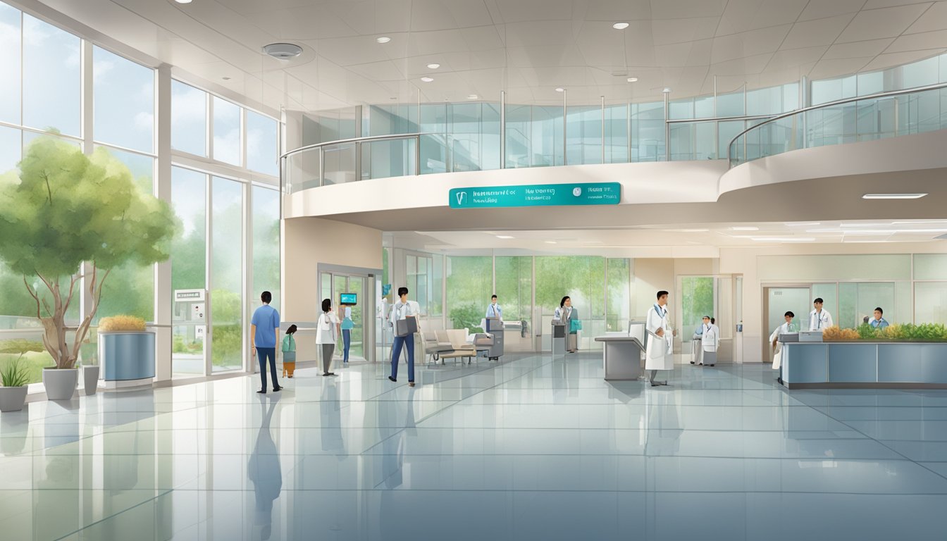 A bustling hospital lobby with a prominent sign for Dr. Huang Weiliang, showcasing a modern and welcoming environment for patients needing cardiac care