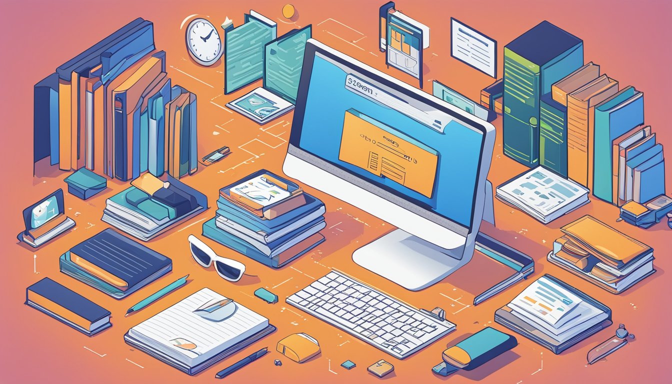 Various SEO tools like SEMrush and Ahrefs displayed on a computer screen, surrounded by books and a notepad