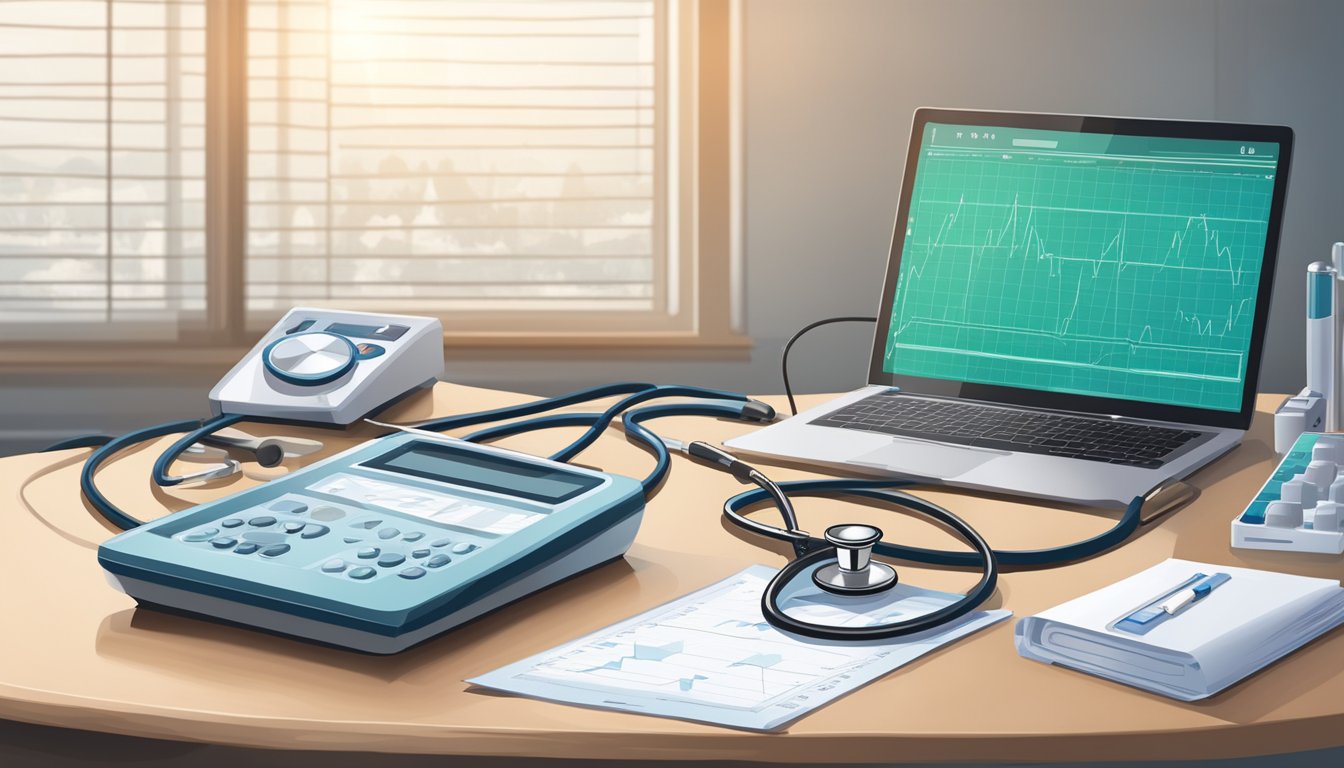 A stethoscope, ECG machine, and medical charts on a desk in a hospital room