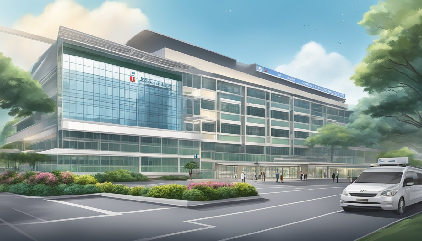 A hospital exterior with a prominent sign for "Changi General Hospital" and a clear display of operating hours for Dr. Huang Weiliang, SG Cardiologist