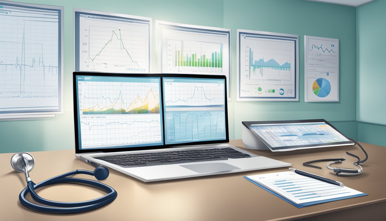 A stethoscope, EKG monitor, and medical charts on a desk in a hospital office