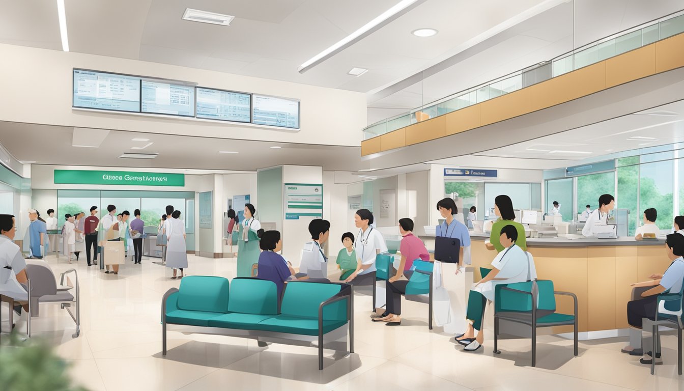The bustling lobby of Changi General Hospital, with a prominent sign for Cardiology, bustling with patients and staff
