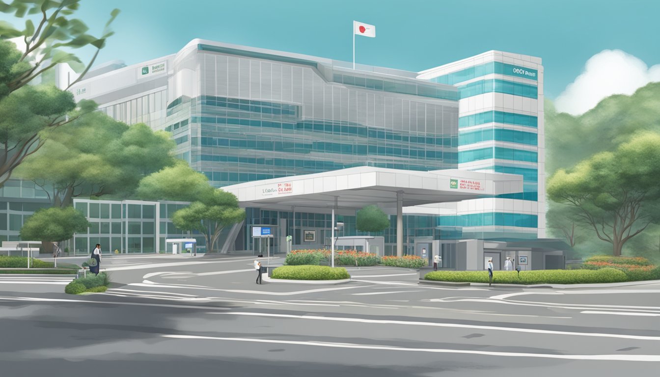 A hospital exterior with a sign reading "Changi General Hospital." A clock showing operating hours and contact information for Dr. Oh Ying Zi, SG Cardiologist