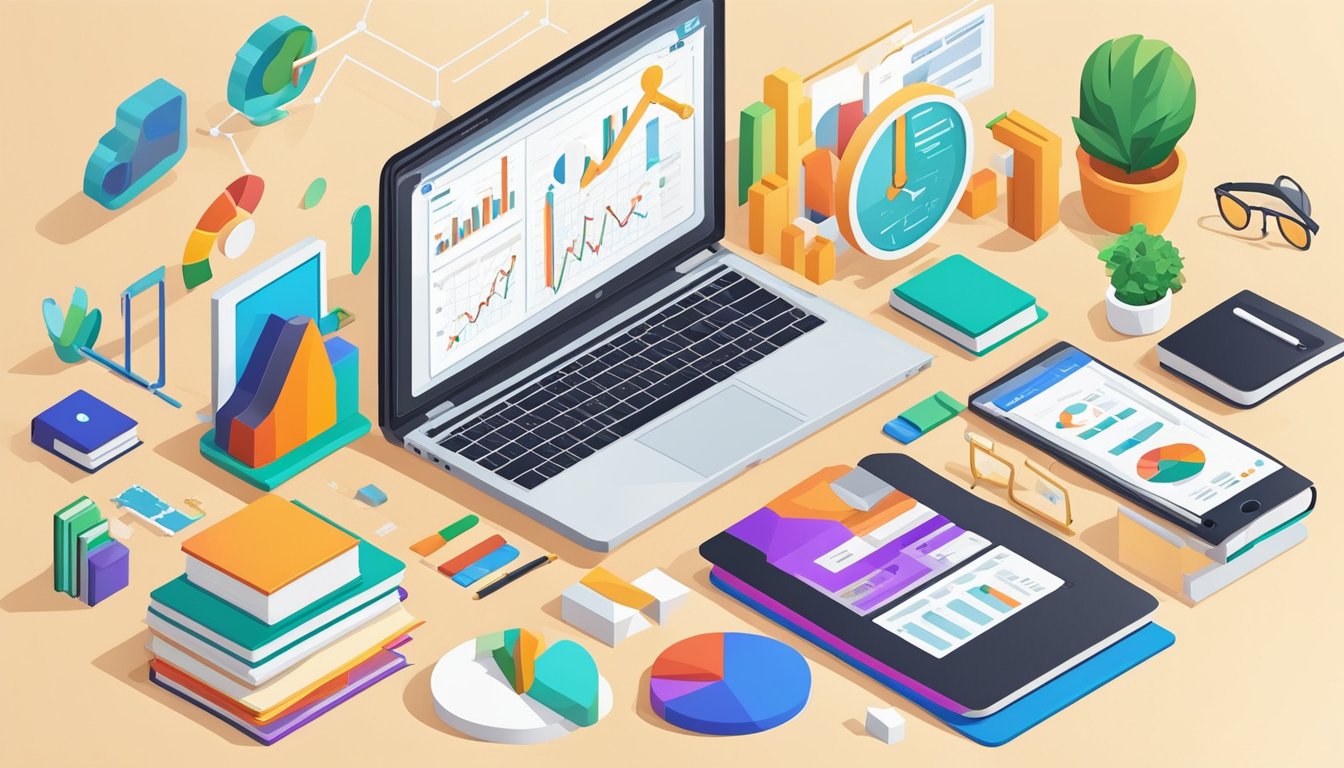 A laptop displaying Google Analytics with 10 SEO tools on a desk surrounded by online learning materials